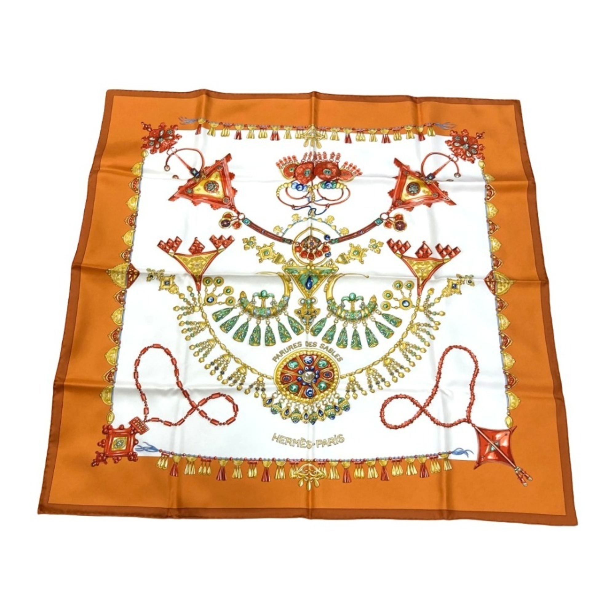 Hermes Parures Des Sables Carre 90 Desert Accessories Silk Scarf Orange Women's